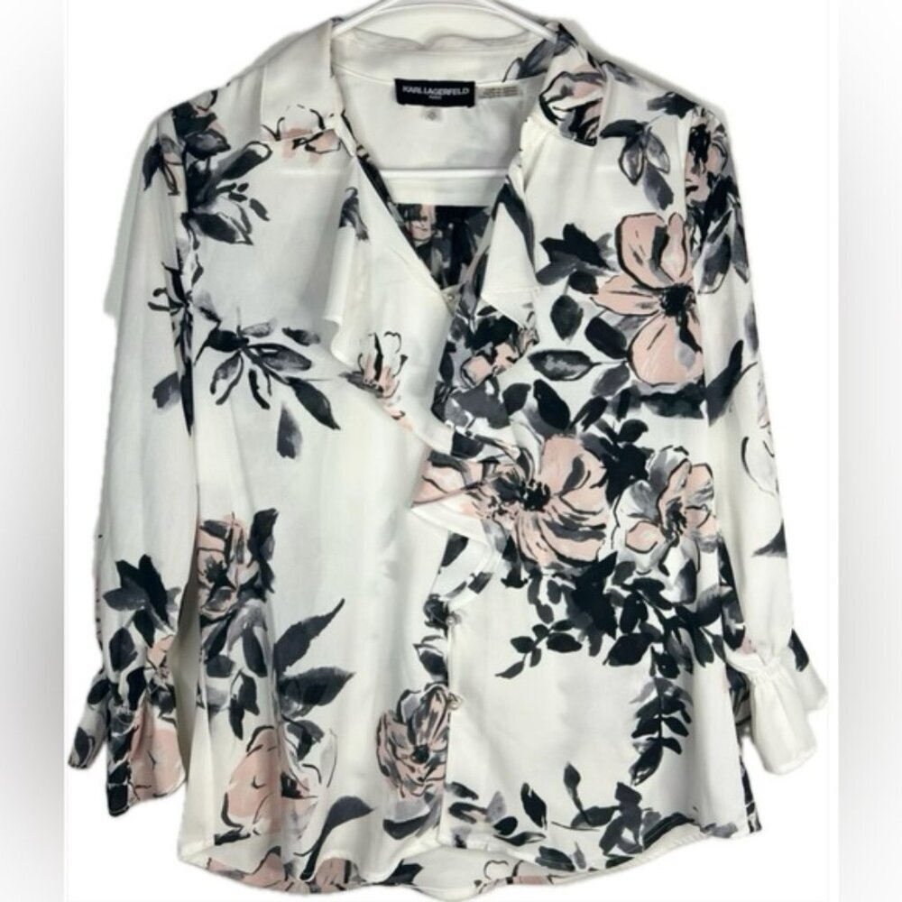 KARL LAGERFELD‎ Ruffled Pearl Button VNK 3/4Sleeve Ruffle cuffs Floral Blouse XS